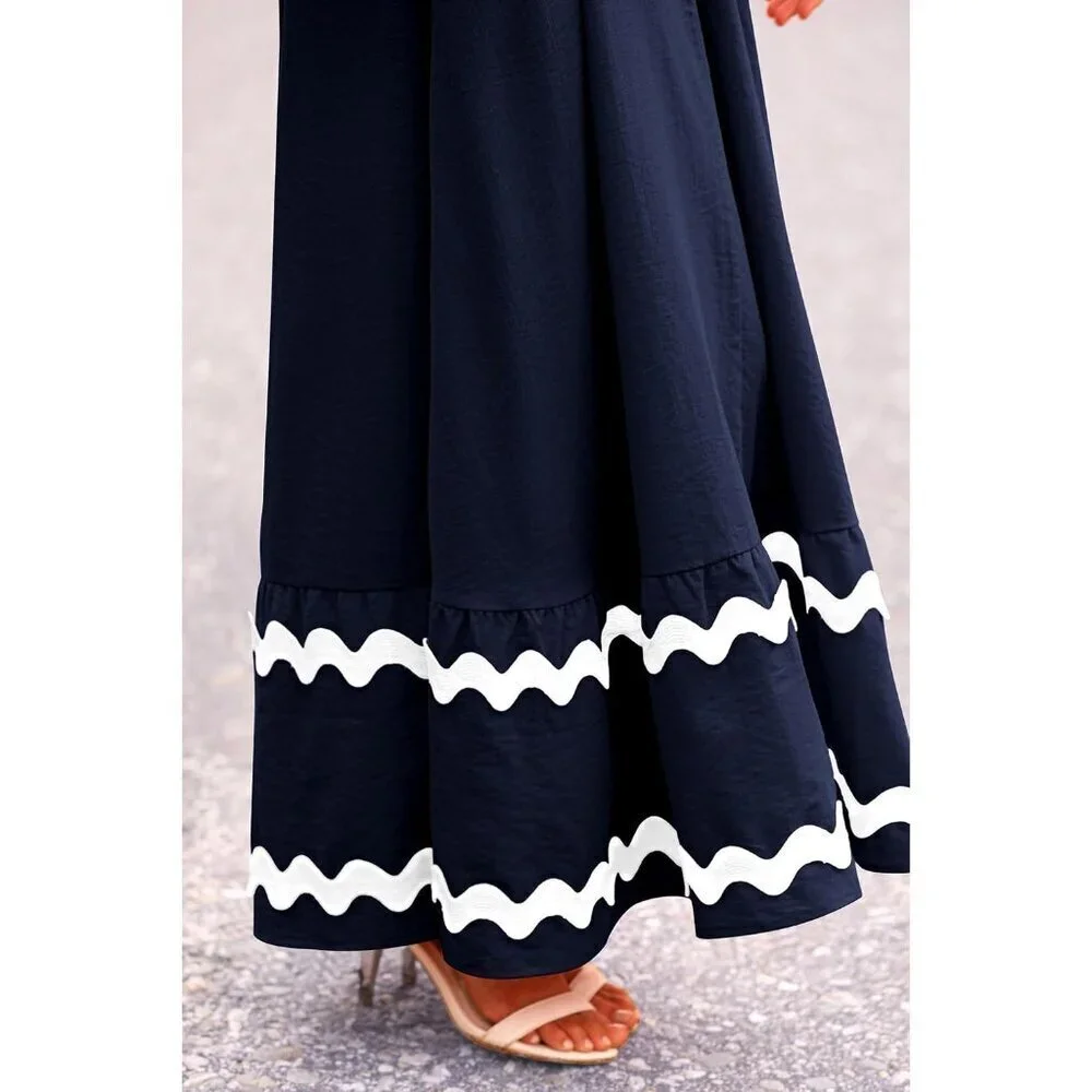 Women's Dark Blue Casual Sleeveless Spaghetti Strap Ruffle Beach Maxi Dress